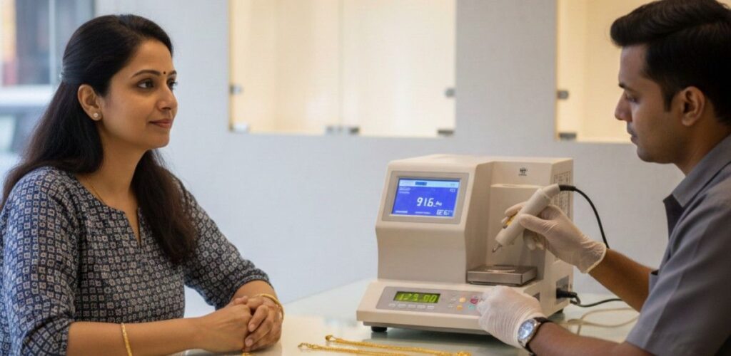 A lady getting gold checked in Bangalore IMG Gold BUyers