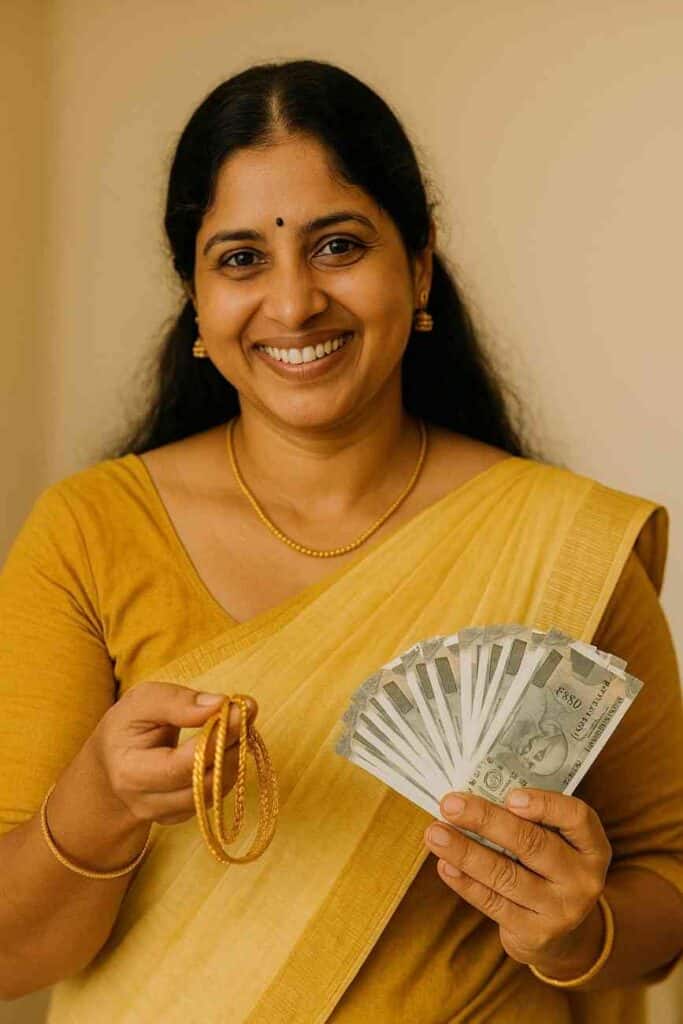Happy woman in Kerala Attire happy to sell gold with IMG Gold Buyers in Calicut
